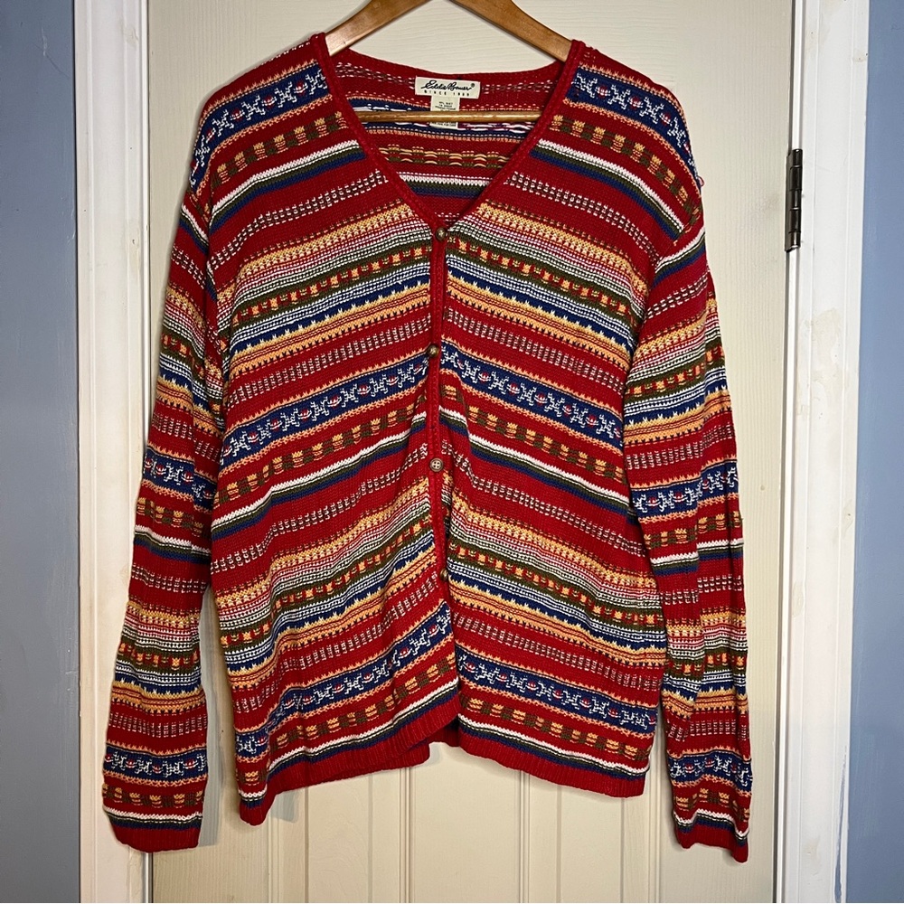 Eddie Bauer Red and Blue Fair Isle Cardigan Sweater